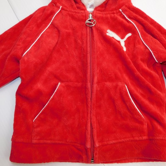 PUMA Girls 18 Month Red Velour Full Zip Hoodie / Track Jacket White Trim - Picture 3 of 10